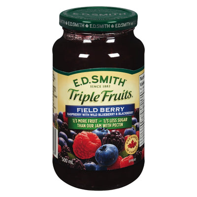 E.D. Smith Triple Fruits Field Berry Raspberry With Wild Blueberry & Blackberry Jam 1/3 Less Sugar, 500 mL