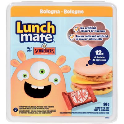 Lunch Mate Bologna, Cheddar Processed Cheese Food and Wheat Crackers with a Kit Kat Bar, 90 g