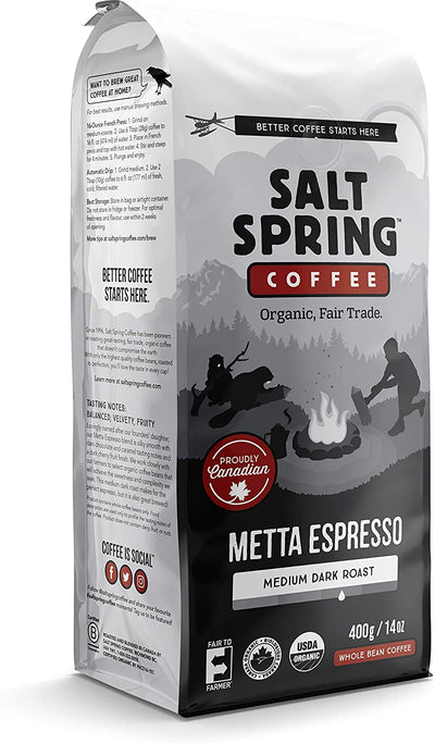 Salt Spring Coffee Metta Espresso Medium Dark Roast Whole Bean Coffee, 400 g