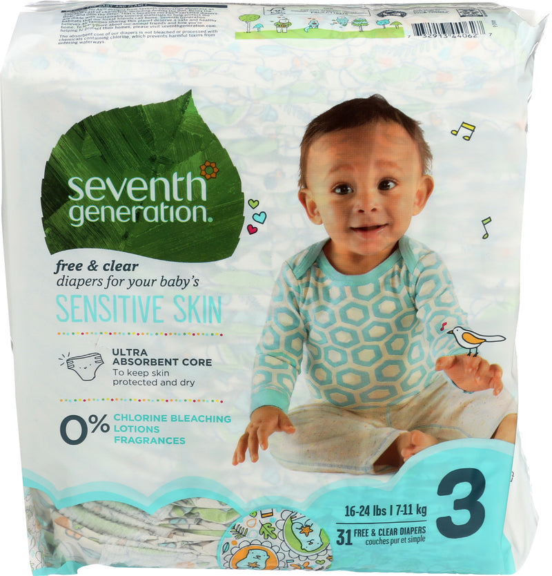 Seventh Generation Free & Clear Size 3 (16-24 lbs) Diapers, 31 diapers