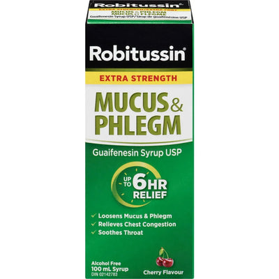 Robitussin Extra Strength Alcohol Free Cherry Flavor Mucus & Phlegm Guaifenesin Syrup USP, 100 mL