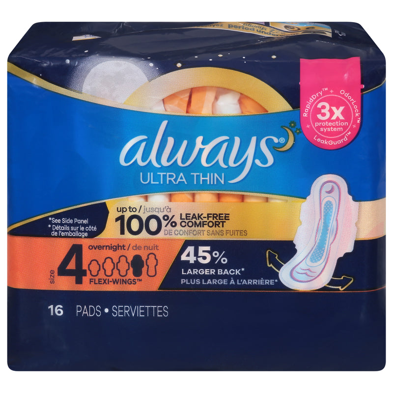 Always Ultra Thin Flexi-Wings Overnight Size 4 Pads, 16 pads